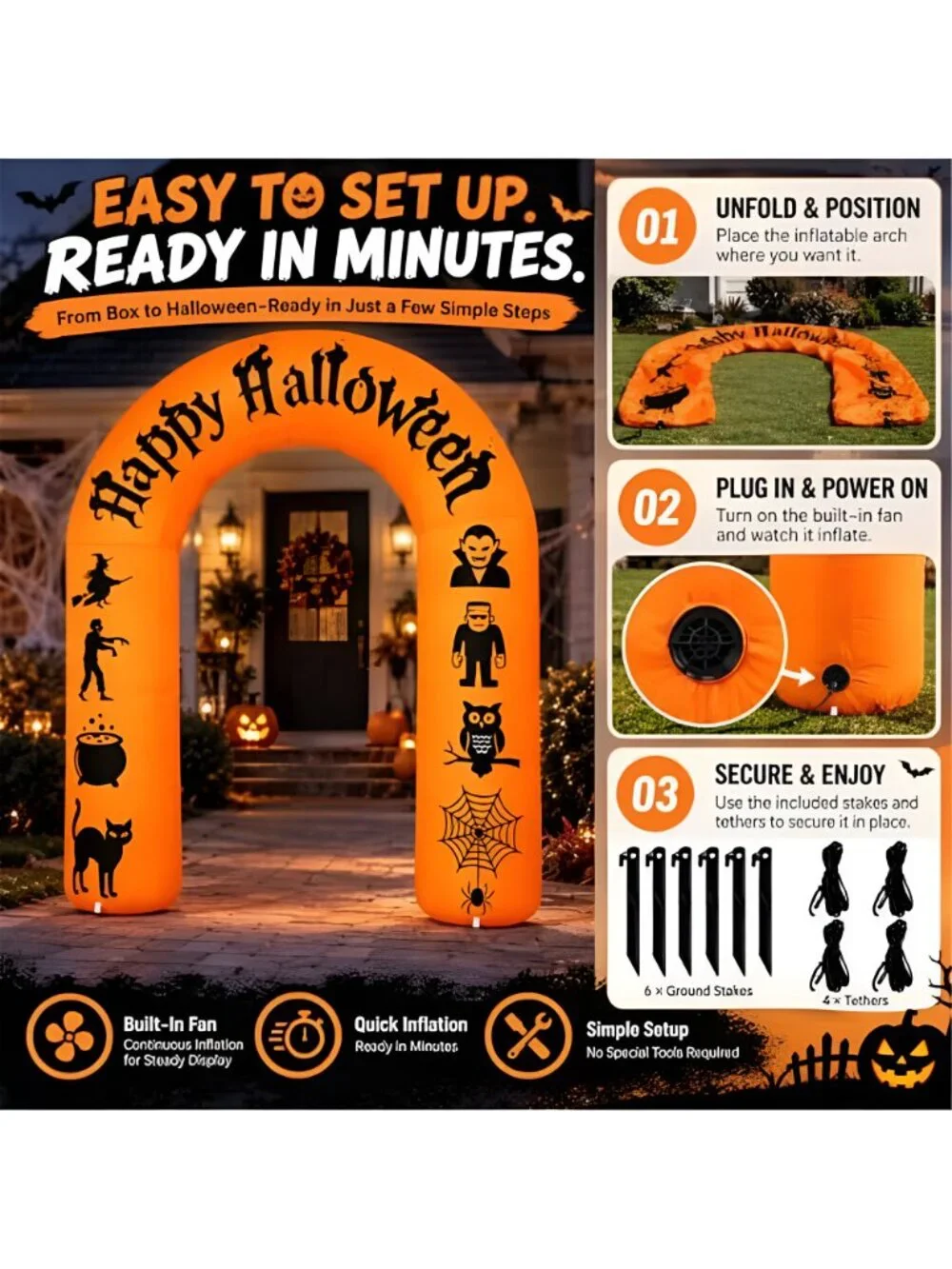 8FT Halloween Inflatable Arch with LED Lights, Orange, Happy Halloween Archway